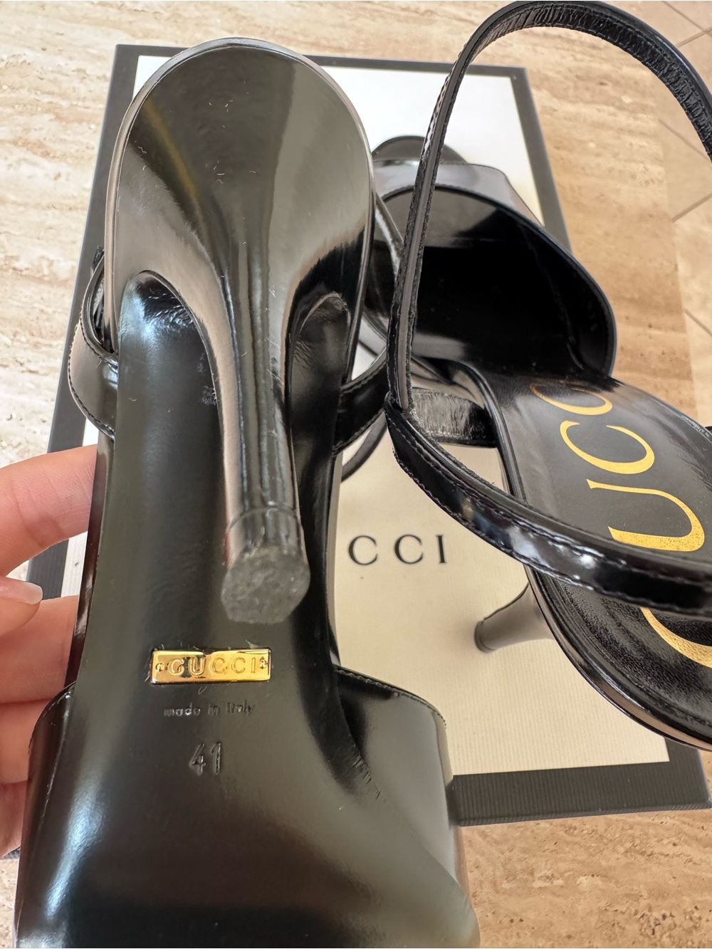 Gucci Black Patent Leather Ankle-Strap Open-Toe Heels - Picture 7 of 8